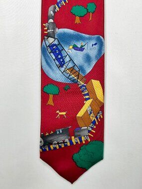 Save the Children Men’s Neck Tie 4” Blue Red “Trains” 100% Silk Necktie USA